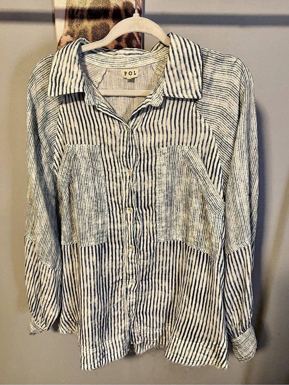 POL Striped Button Down Shirt in Blue & White